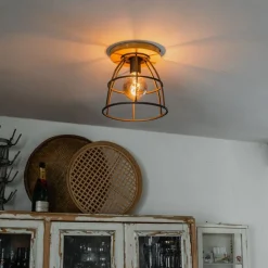 QAZQA Industriële plafondlamp donkergrijs met hout - Arthur
