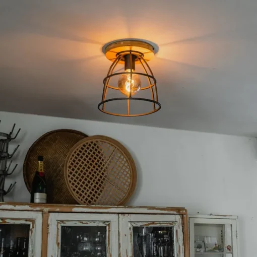 QAZQA Industriële plafondlamp donkergrijs met hout - Arthur