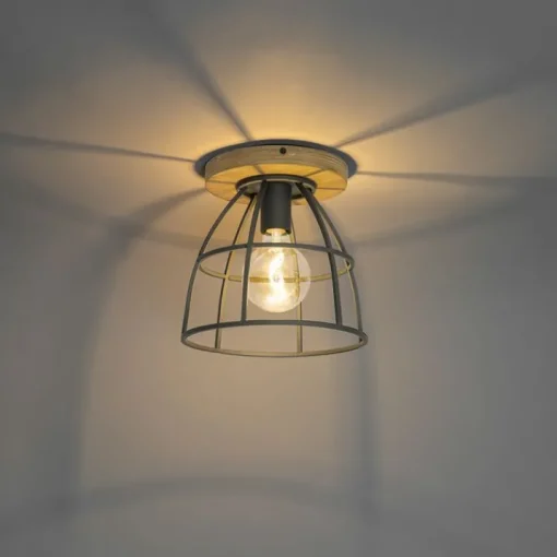QAZQA Industriële plafondlamp donkergrijs met hout - Arthur