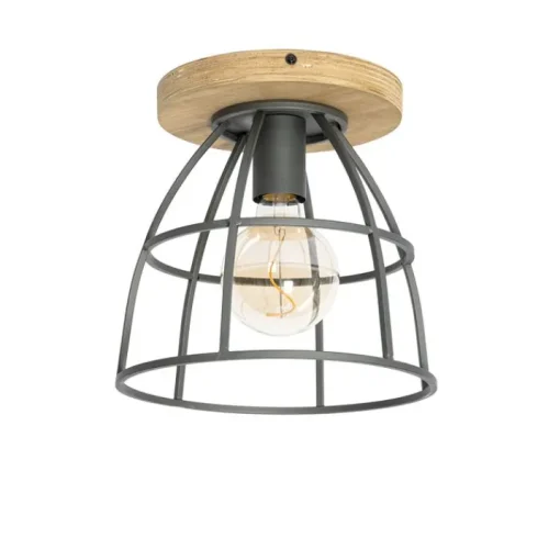 QAZQA Industriële plafondlamp donkergrijs met hout - Arthur