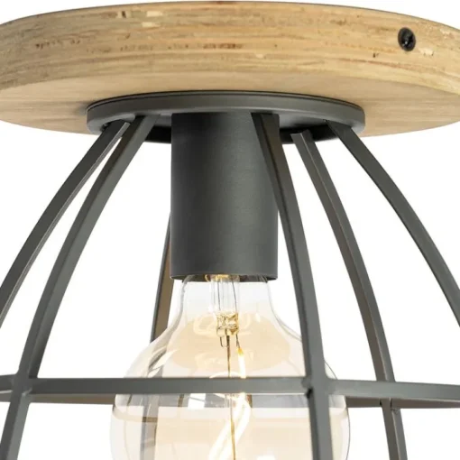 QAZQA Industriële plafondlamp donkergrijs met hout - Arthur