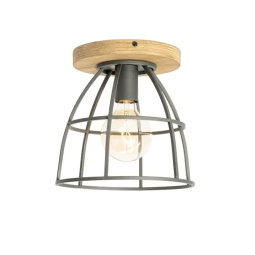 QAZQA Industriële plafondlamp donkergrijs met hout - Arthur