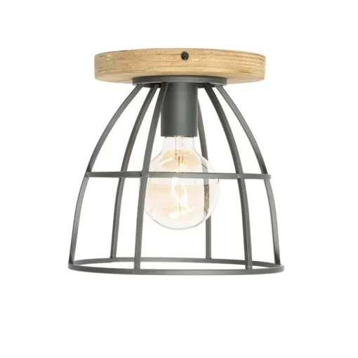 QAZQA Industriële plafondlamp donkergrijs met hout - Arthur
