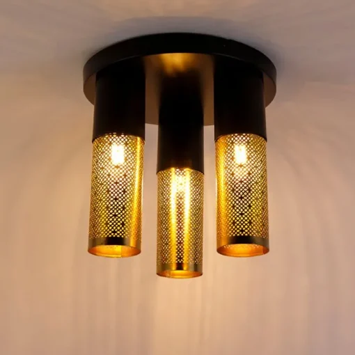 QAZQA Industriële plafondlamp zwart met goud rond 3-lichts - Raspi