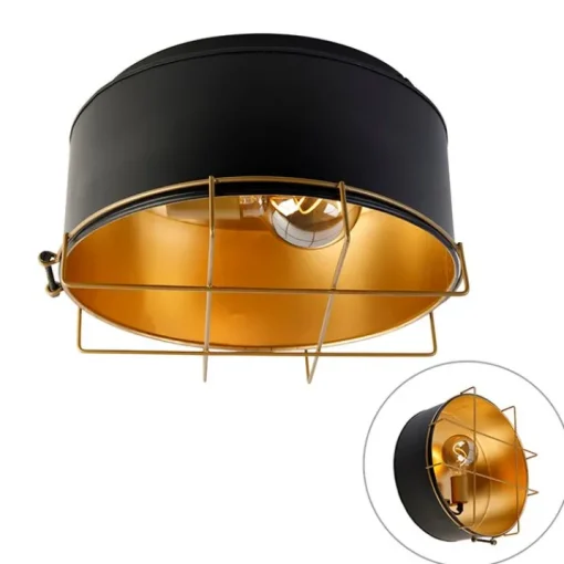 QAZQA Industriële plafondlamp zwart met goud 35 cm - Barril