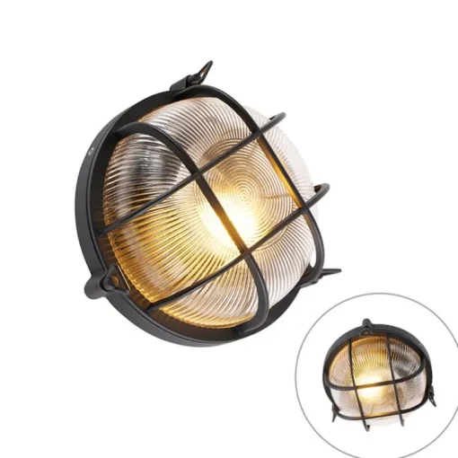 QAZQA Industriële ronde wandlamp zwart IP44 - Noutica