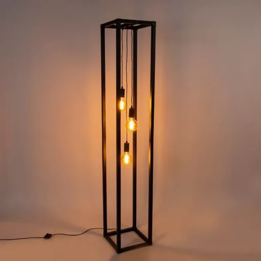 QAZQA Industriële vloerlamp zwart 3-lichts - Big Cage
