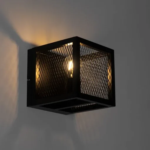 QAZQA Industriële wandlamp zwart met gaas - Cage