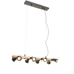 QAZQA Landelijke hanglamp zwart met hout 8-lichts - Jelle