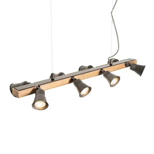 QAZQA Landelijke hanglamp zwart met hout 8-lichts - Jelle