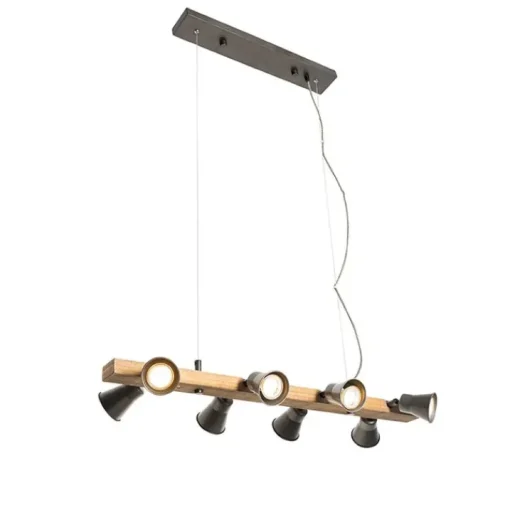 QAZQA Landelijke hanglamp zwart met hout 8-lichts - Jelle