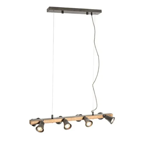 QAZQA Landelijke hanglamp zwart met hout 8-lichts - Jelle