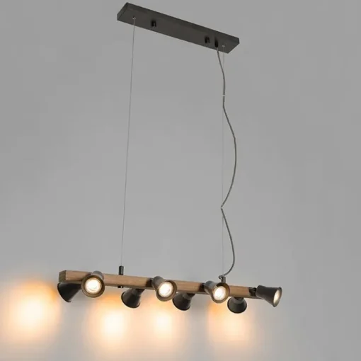 QAZQA Landelijke hanglamp zwart met hout 8-lichts - Jelle