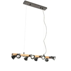QAZQA Landelijke hanglamp zwart met hout 8-lichts - Jelle