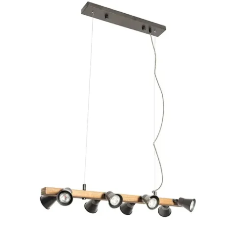 QAZQA Landelijke hanglamp zwart met hout 8-lichts - Jelle