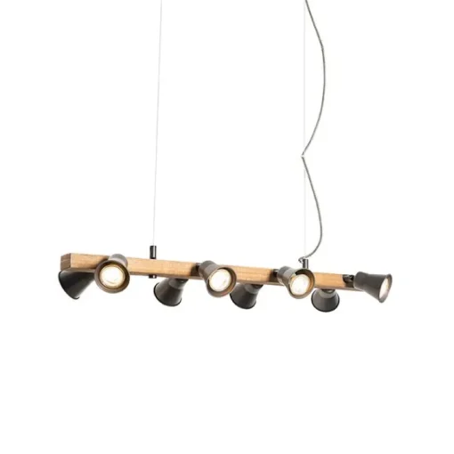 QAZQA Landelijke hanglamp zwart met hout 8-lichts - Jelle