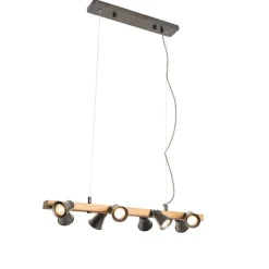 QAZQA Landelijke hanglamp zwart met hout 8-lichts - Jelle