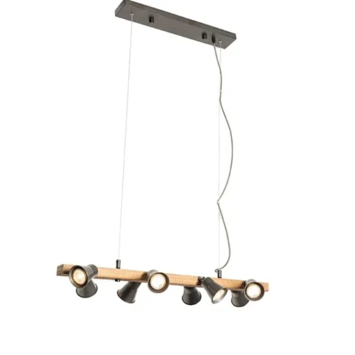 QAZQA Landelijke hanglamp zwart met hout 8-lichts - Jelle