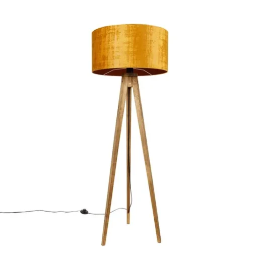 QAZQA Landelijke tripod vintage hout met kap goud 50 cm - Tripod Classic
