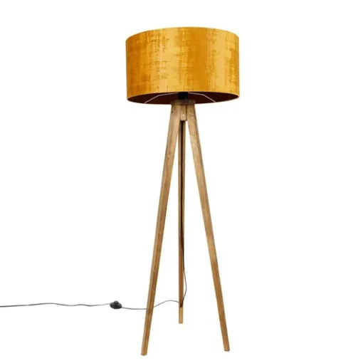 QAZQA Landelijke tripod vintage hout met kap goud 50 cm - Tripod Classic
