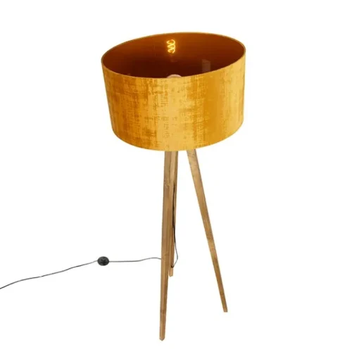 QAZQA Landelijke tripod vintage hout met kap goud 50 cm - Tripod Classic