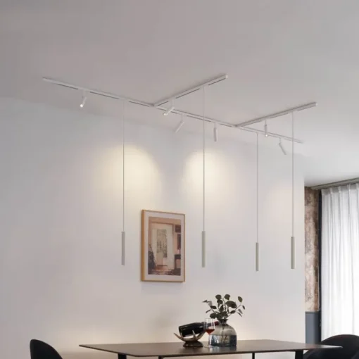 QAZQA Modern railsysteem met 6 spots en 4 hanglampen beige met wit 1-fase - Slimline Uzzy Keno