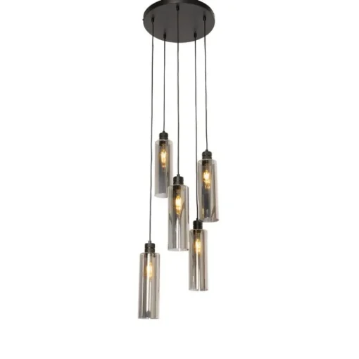 QAZQA Moderne hanglamp zwart met smoke glas 5-lichts - Stavelot