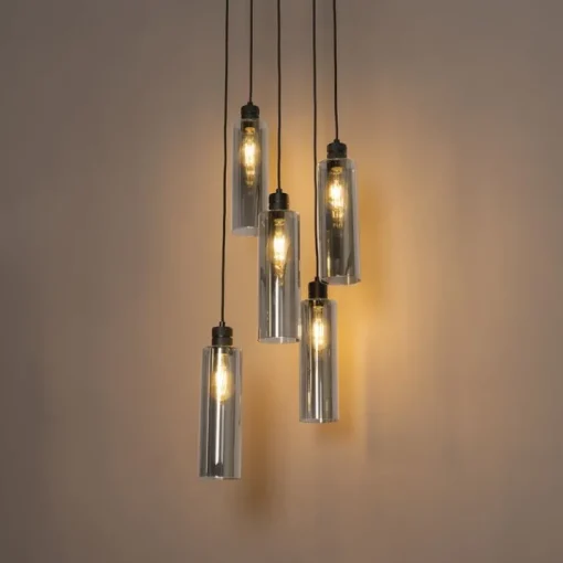 QAZQA Moderne hanglamp zwart met smoke glas 5-lichts - Stavelot
