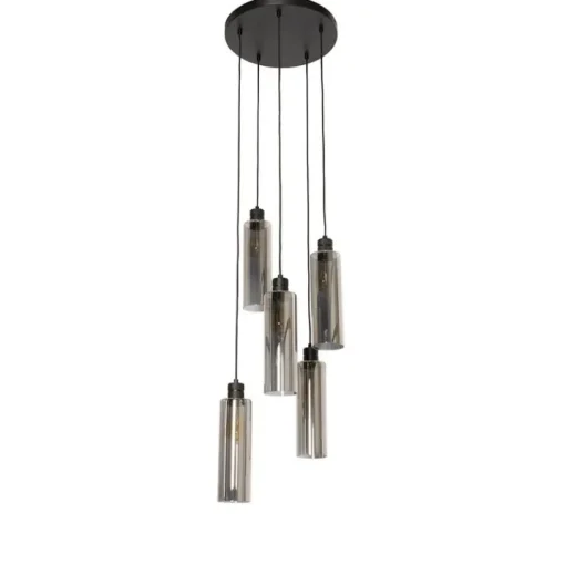 QAZQA Moderne hanglamp zwart met smoke glas 5-lichts - Stavelot