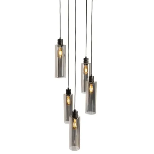 QAZQA Moderne hanglamp zwart met smoke glas 5-lichts - Stavelot