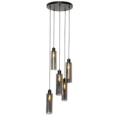 QAZQA Moderne hanglamp zwart met smoke glas 5-lichts - Stavelot