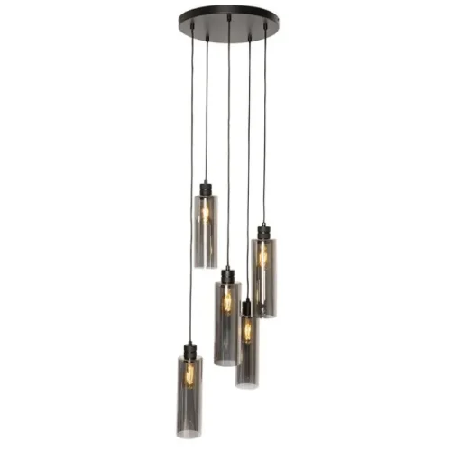 QAZQA Moderne hanglamp zwart met smoke glas 5-lichts - Stavelot