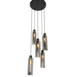 QAZQA Moderne hanglamp zwart met smoke glas 5-lichts - Stavelot