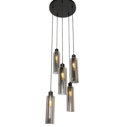 QAZQA Moderne hanglamp zwart met smoke glas 5-lichts - Stavelot