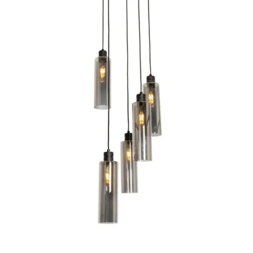 QAZQA Moderne hanglamp zwart met smoke glas 5-lichts - Stavelot