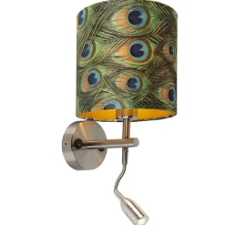 QAZQA Moderne wandlamp staal met leeslamp en kap velours 20/20/20 pauw - goud