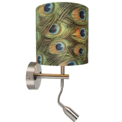 QAZQA Moderne wandlamp staal met leeslamp en kap velours 20/20/20 pauw - goud