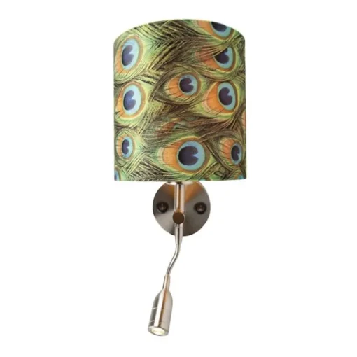 QAZQA Moderne wandlamp staal met leeslamp en kap velours 20/20/20 pauw - goud
