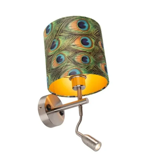 QAZQA Moderne wandlamp staal met leeslamp en kap velours 20/20/20 pauw - goud