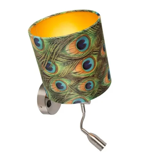 QAZQA Moderne wandlamp staal met leeslamp en kap velours 20/20/20 pauw - goud