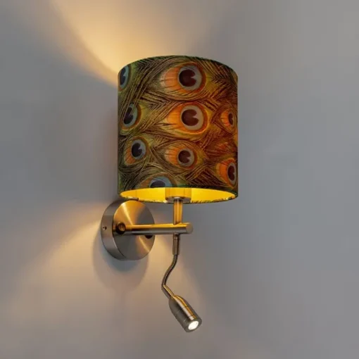QAZQA Moderne wandlamp staal met leeslamp en kap velours 20/20/20 pauw - goud