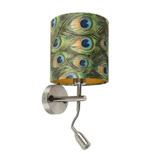 QAZQA Moderne wandlamp staal met leeslamp en kap velours 20/20/20 pauw - goud