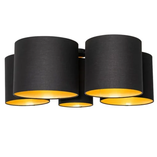QAZQA Plafondlamp zwart met gouden binnenkant 5-lichts - Multidrum