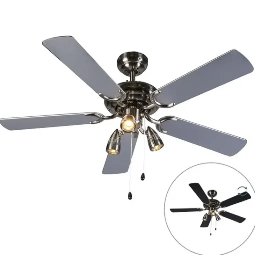 QAZQA Plafondventilator staal 110cm 3-lichts met trekschakelaar - Mistral