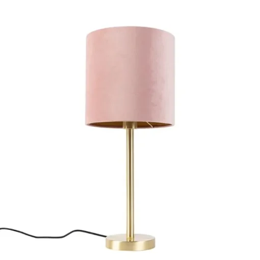 QAZQA Romantische tafellamp messing met roze kap 25 cm - Simplo