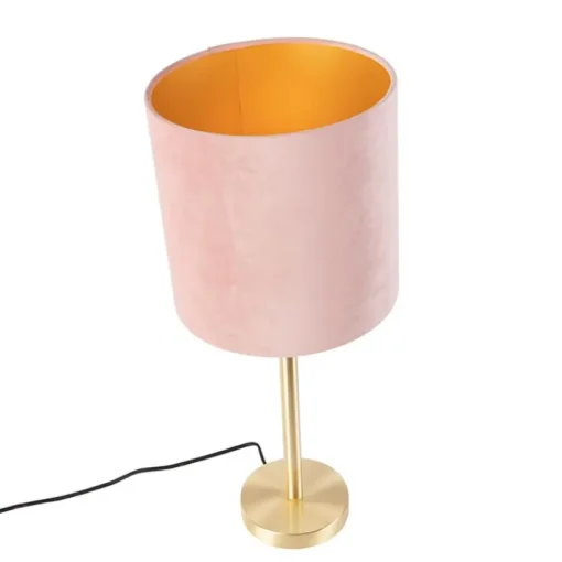 QAZQA Romantische tafellamp messing met roze kap 25 cm - Simplo