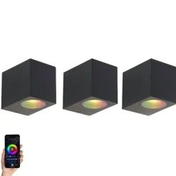QAZQA Set van 3 smart wandlampen zwart GU10 50mm IP44 - Baleno