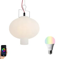 QAZQA Smart buiten hanglamp wit 35cm met rode stekker incl. Wifi A60 - Pion