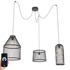 QAZQA Smart buiten hanglamp zwart rotan 3-lichts incl. 3 Wifi G95 - Calamus