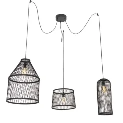 QAZQA Smart buiten hanglamp zwart rotan 3-lichts incl. 3 Wifi G95 - Calamus